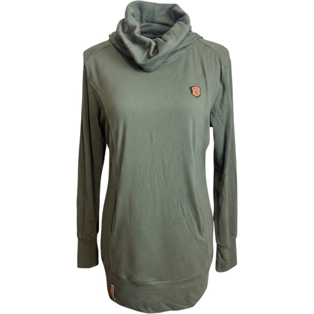 Naketano Women Olive Green Cowl Neck Hoodie Star Patch Pullover Sweatshirt